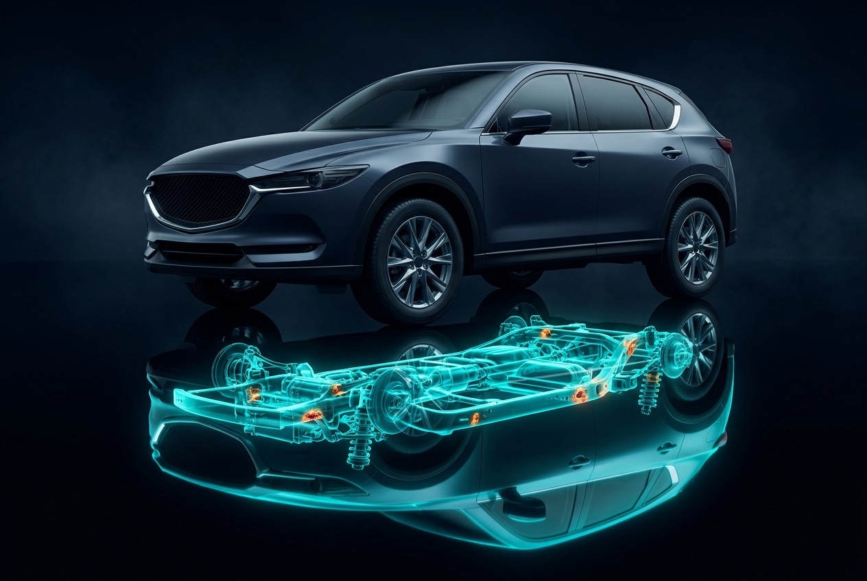 A car above a glowing scan of its underbody with highlighted problem areas